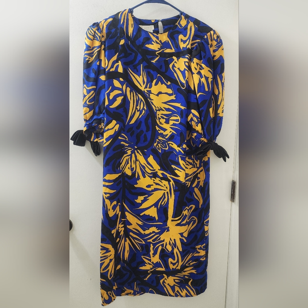 Flora Kung II Bold Blue and Yellow Floral Print Women's Dress,‎ Size 8, Silk.
